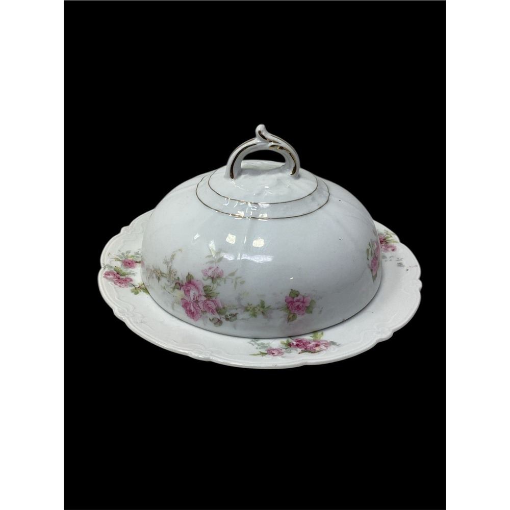 Vtg German Covered BUTTER Cheese Dish Lid Insert Strainer Pink Roses